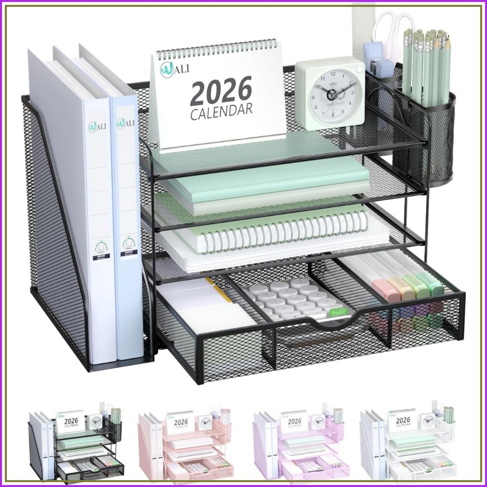 Home Office Desk With Drawers - 4-laags bureaublad-organizer met lade en penhouders,