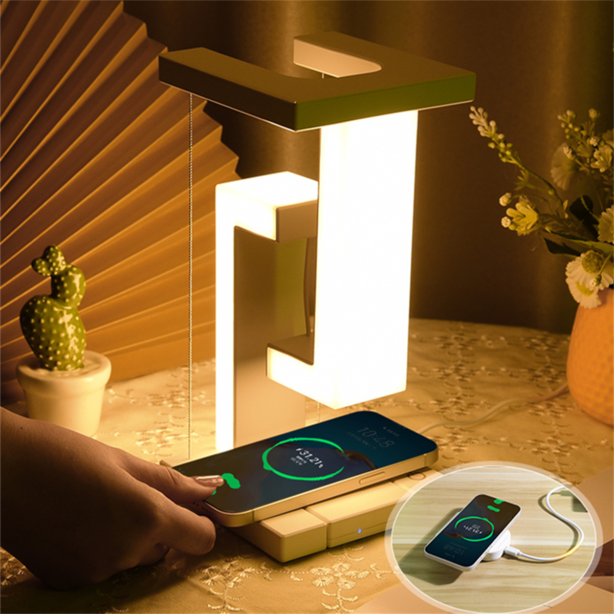 Desk Charging Station - Drijvende bureaulamp met draadloze oplader, USB-oplaadpoort,